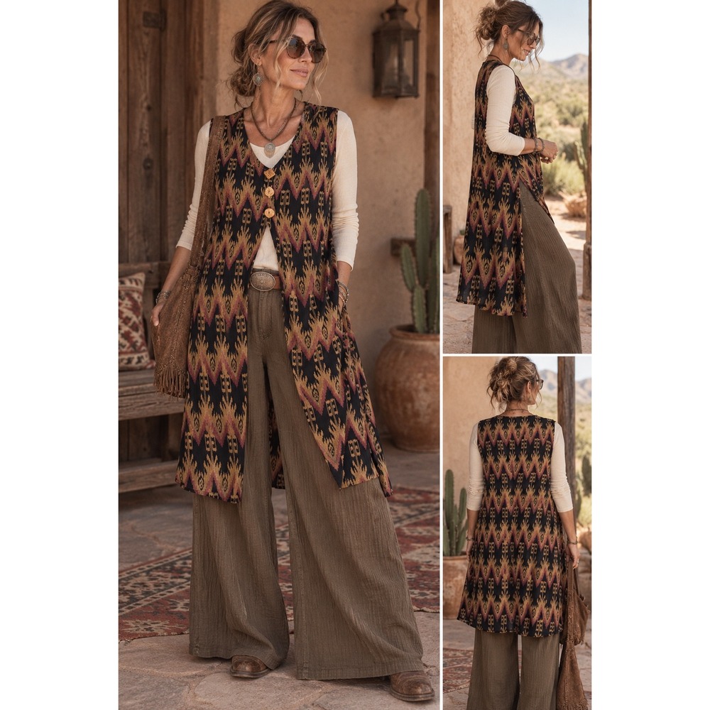 New Options by Kate Geddes Longline Vest Womens M Black Ikat Geometric Duster
